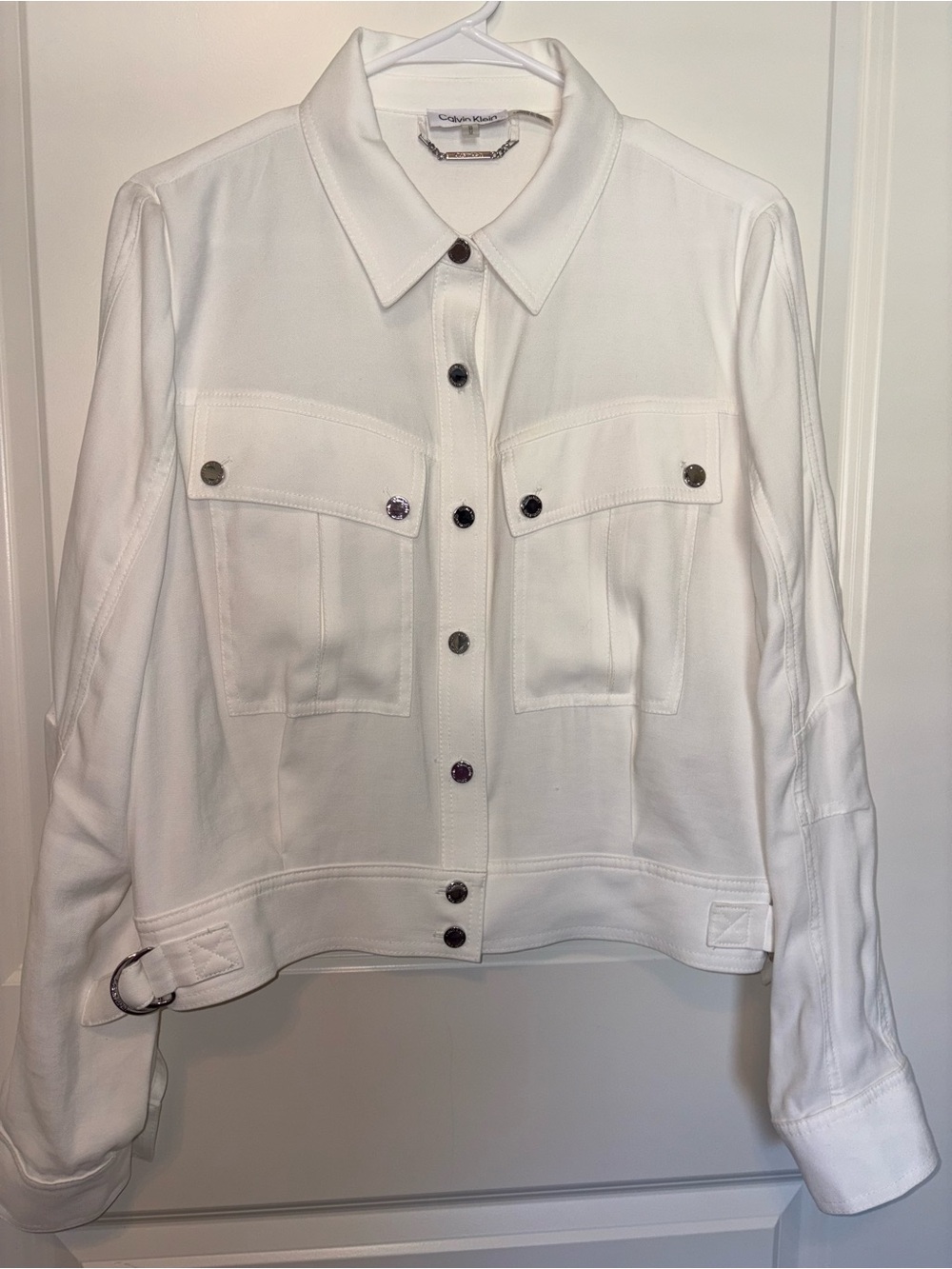 Calvin Klein White Button-Front Jean Jacket with Front Flap Pockets